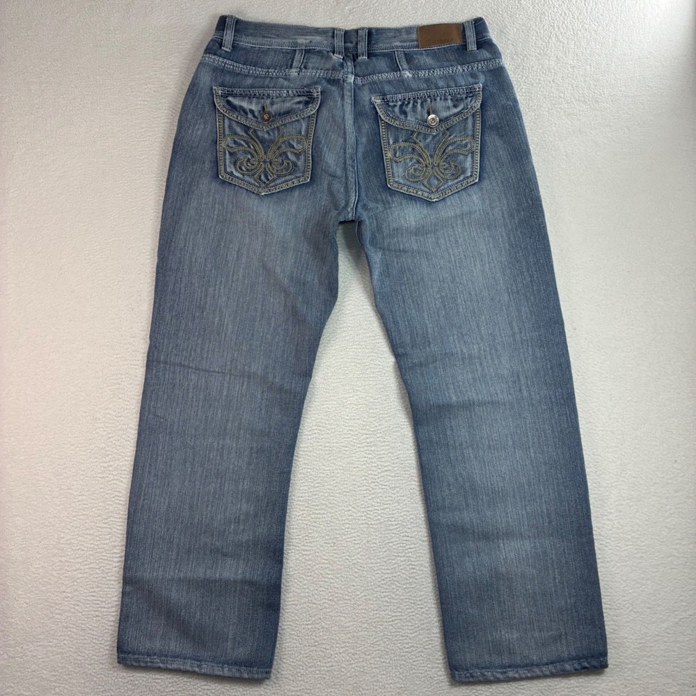 Y2K Halifax Bootcut Jeans Men 38x32 Blue Flap Pocket Embroidered Fleur De Lis